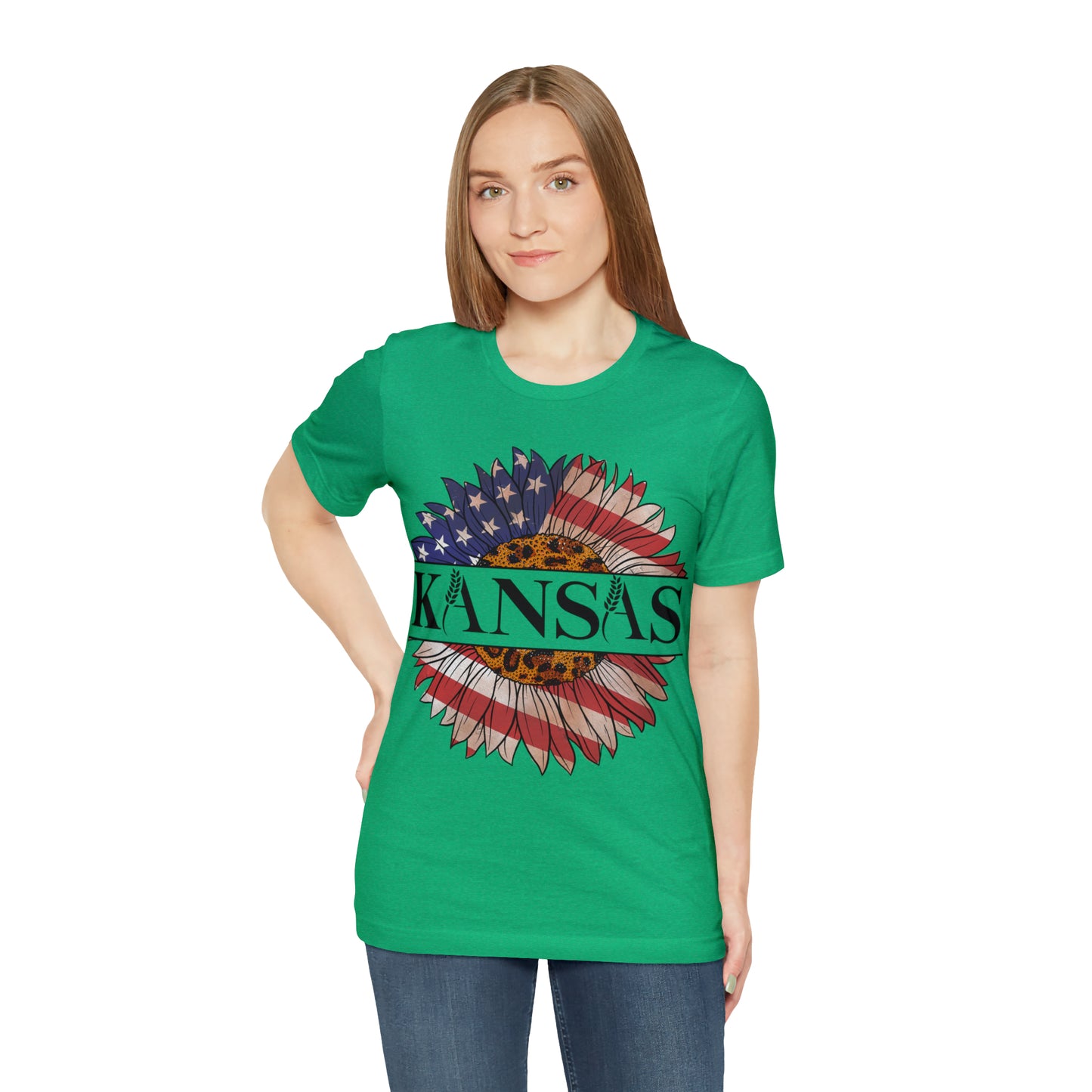 Kansas Sunflower American Colors One Sided Unisex Jersey Short Sleeve Tee (Printed on front)