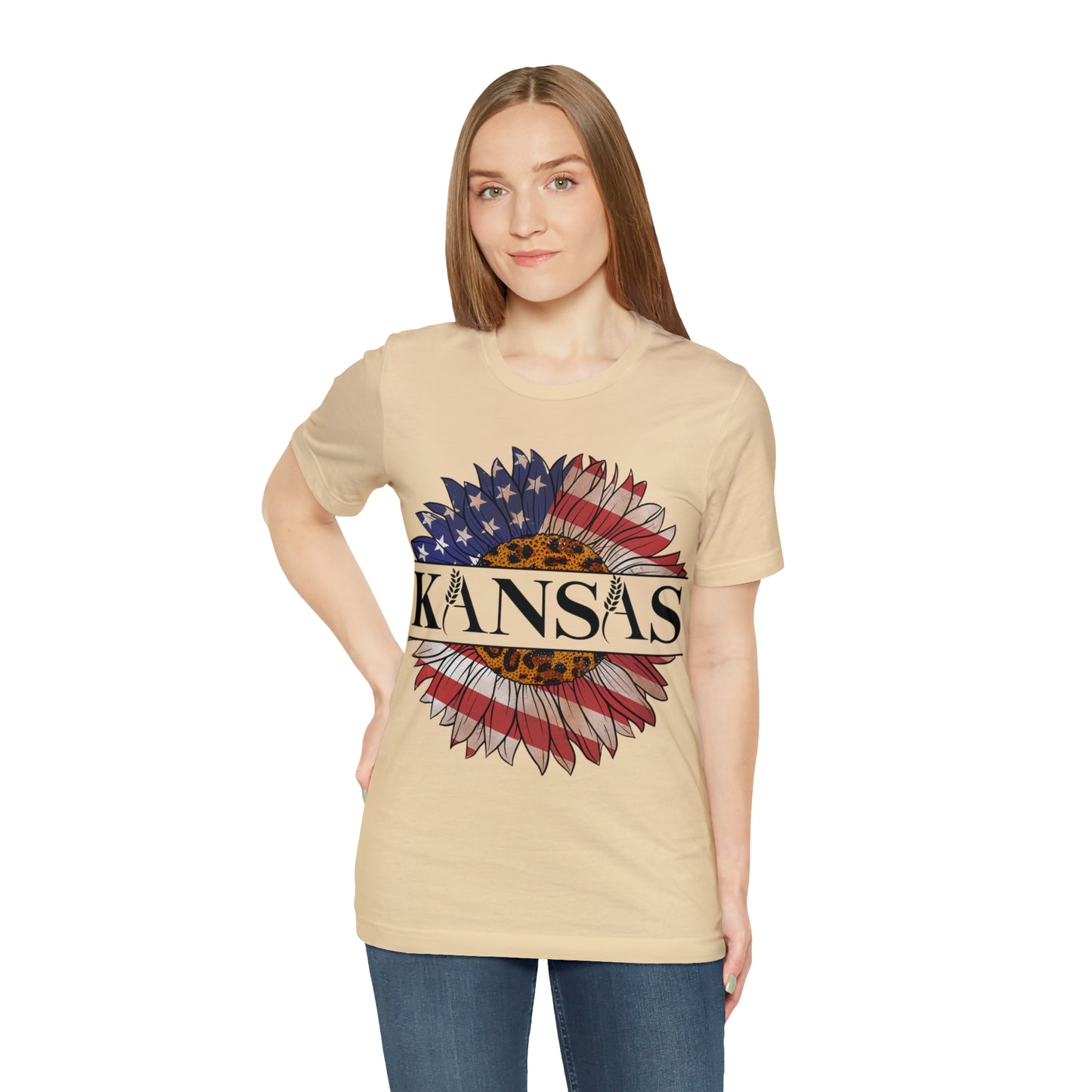 Kansas Sunflower American Colors One Sided Unisex Jersey Short Sleeve Tee (Printed on front)