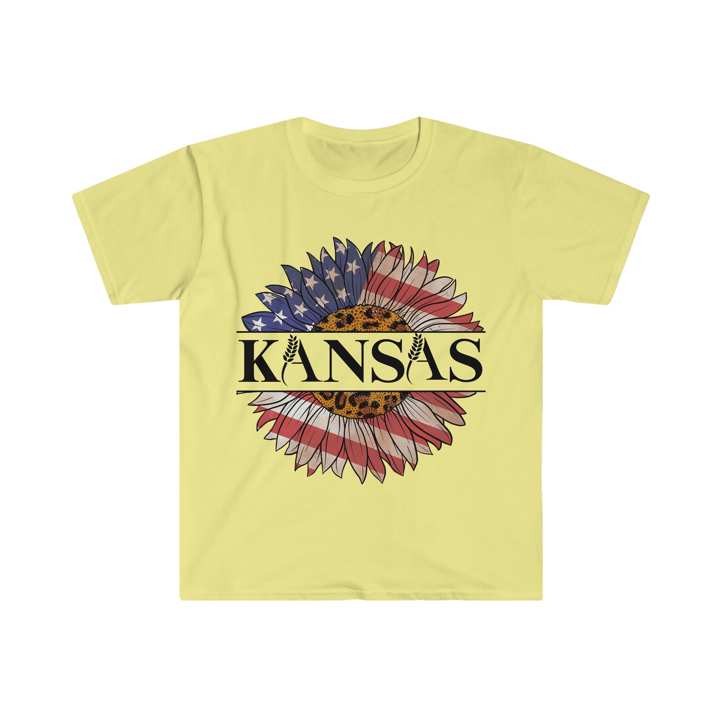 Kansas Sunflower American Flag One Sided Unisex Softstyle T-Shirt (Printed on front)