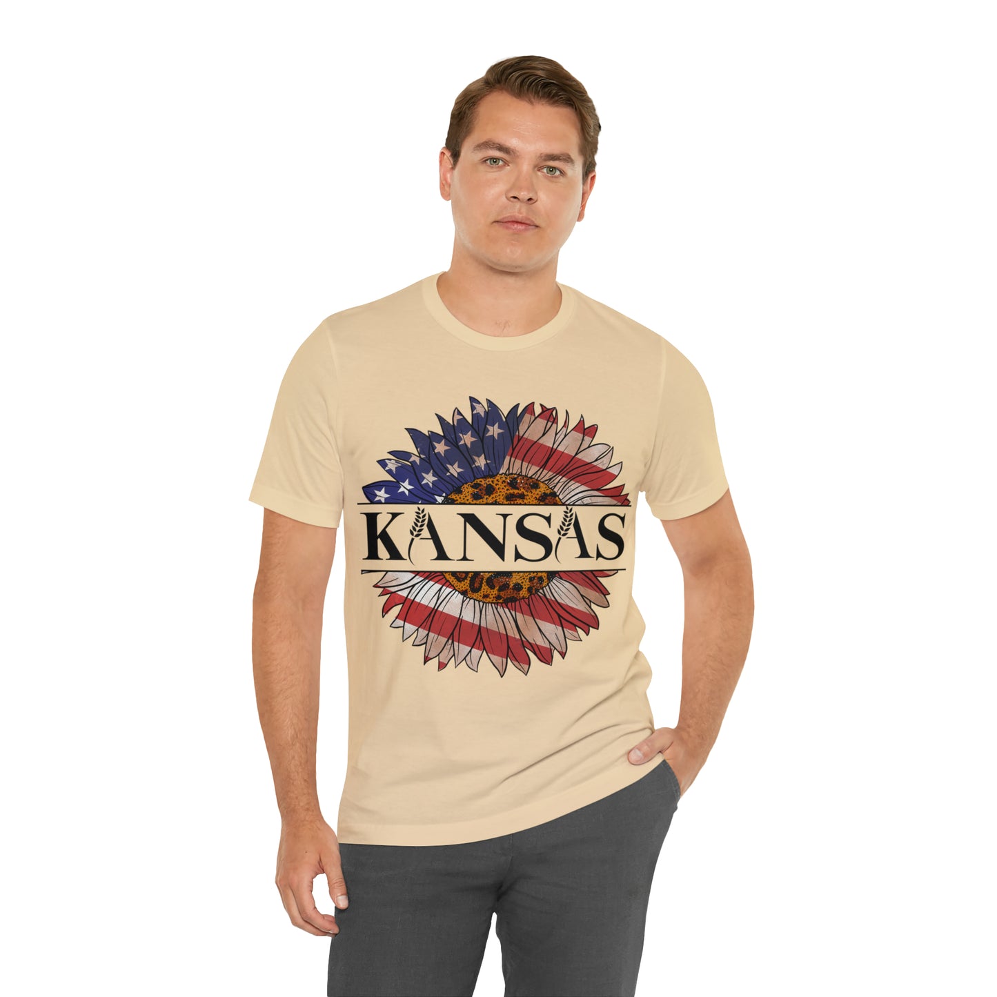 Kansas Sunflower American Colors One Sided Unisex Jersey Short Sleeve Tee (Printed on front)