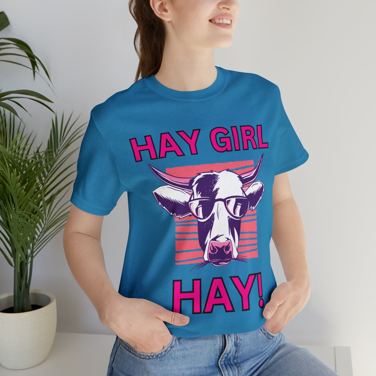 Hay Girl Hay Cow One Sided Unisex Jersey Short Sleeve Tee (Printed on Front)