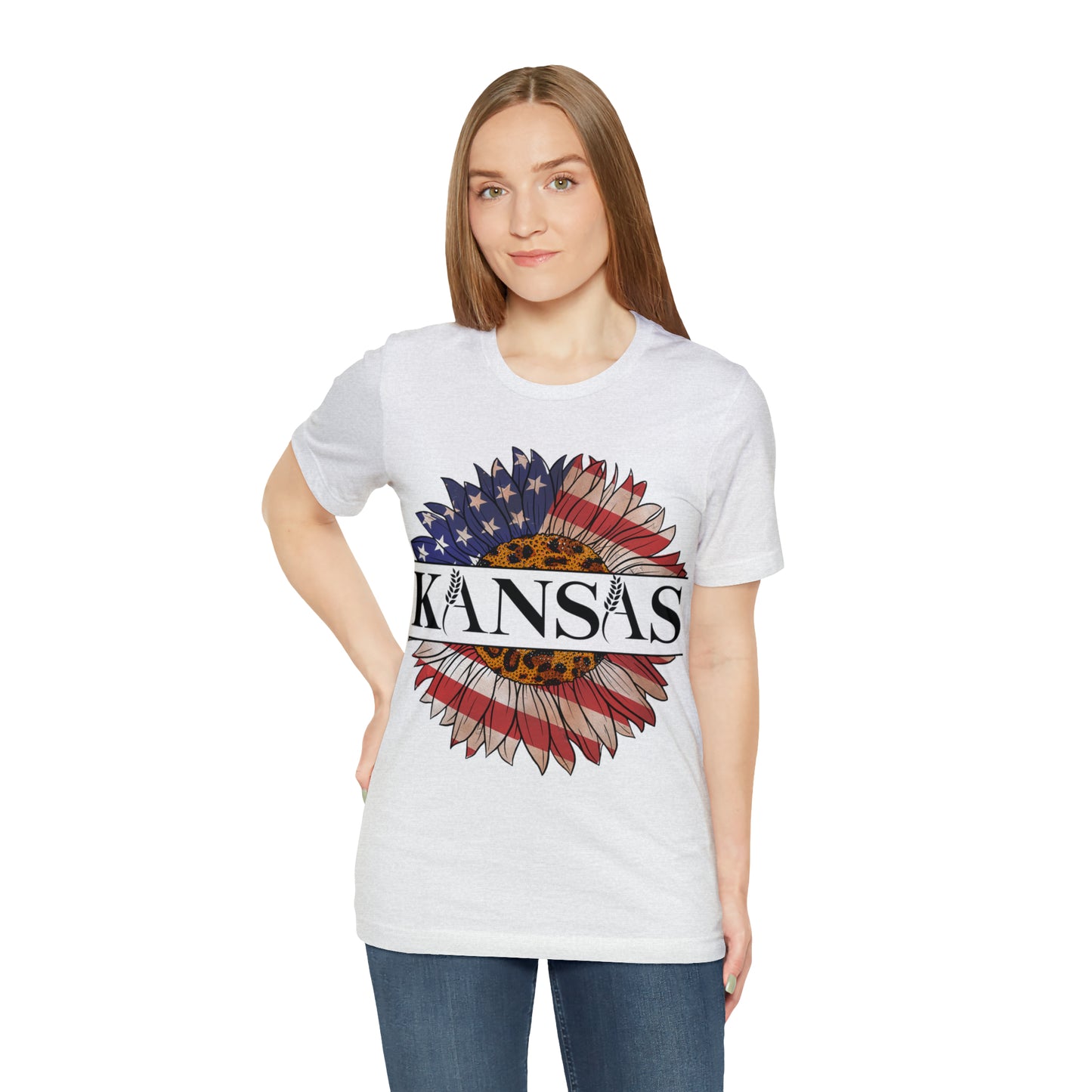 Kansas Sunflower American Colors One Sided Unisex Jersey Short Sleeve Tee (Printed on front)