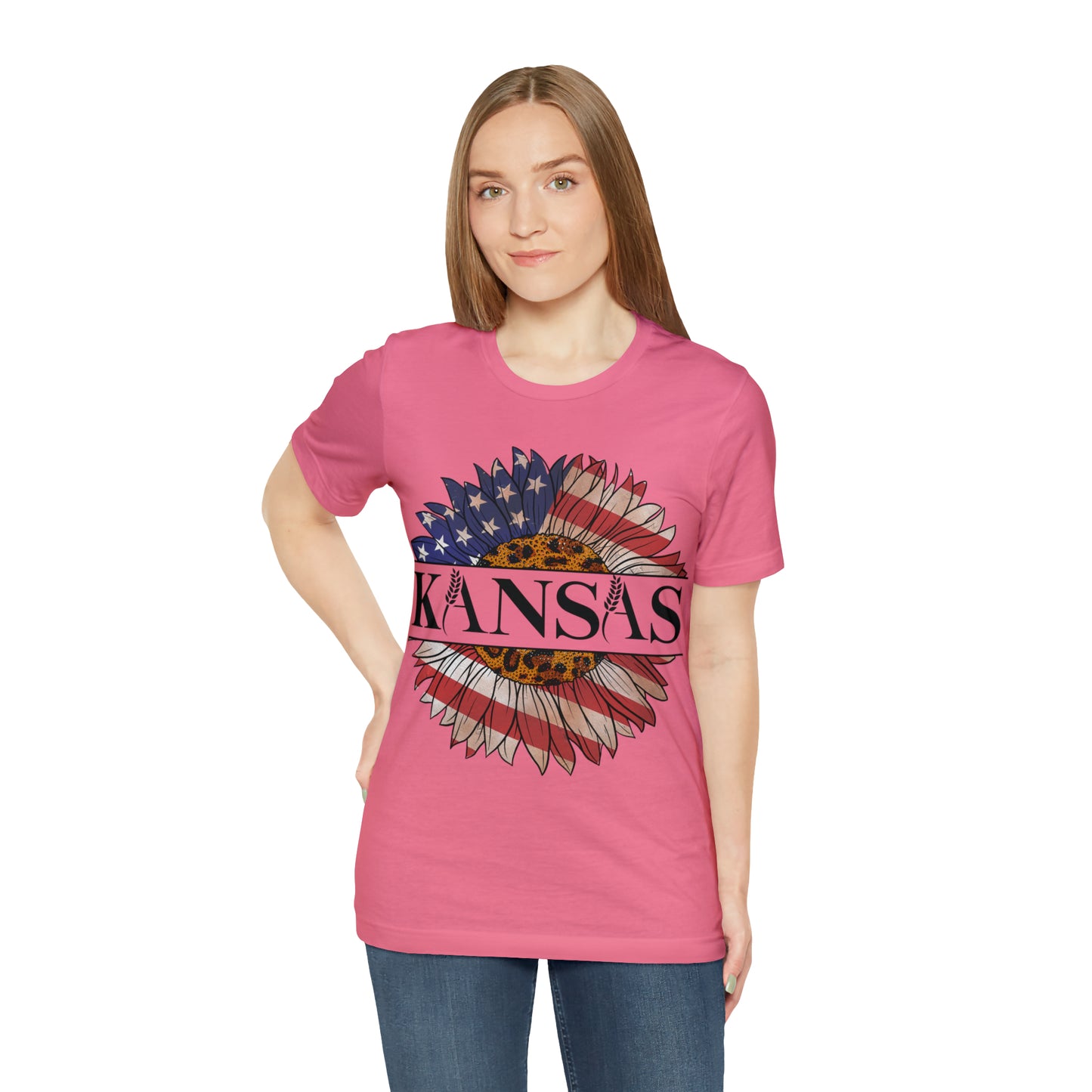 Kansas Sunflower American Colors One Sided Unisex Jersey Short Sleeve Tee (Printed on front)