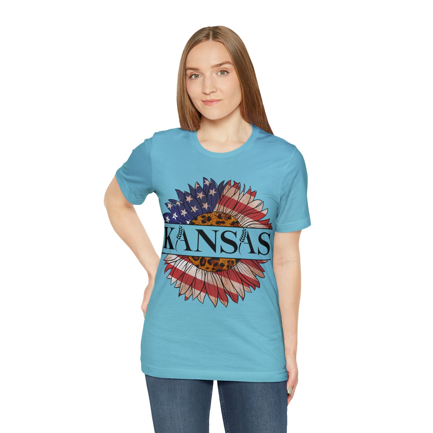 Kansas Sunflower American Colors One Sided Unisex Jersey Short Sleeve Tee (Printed on front)