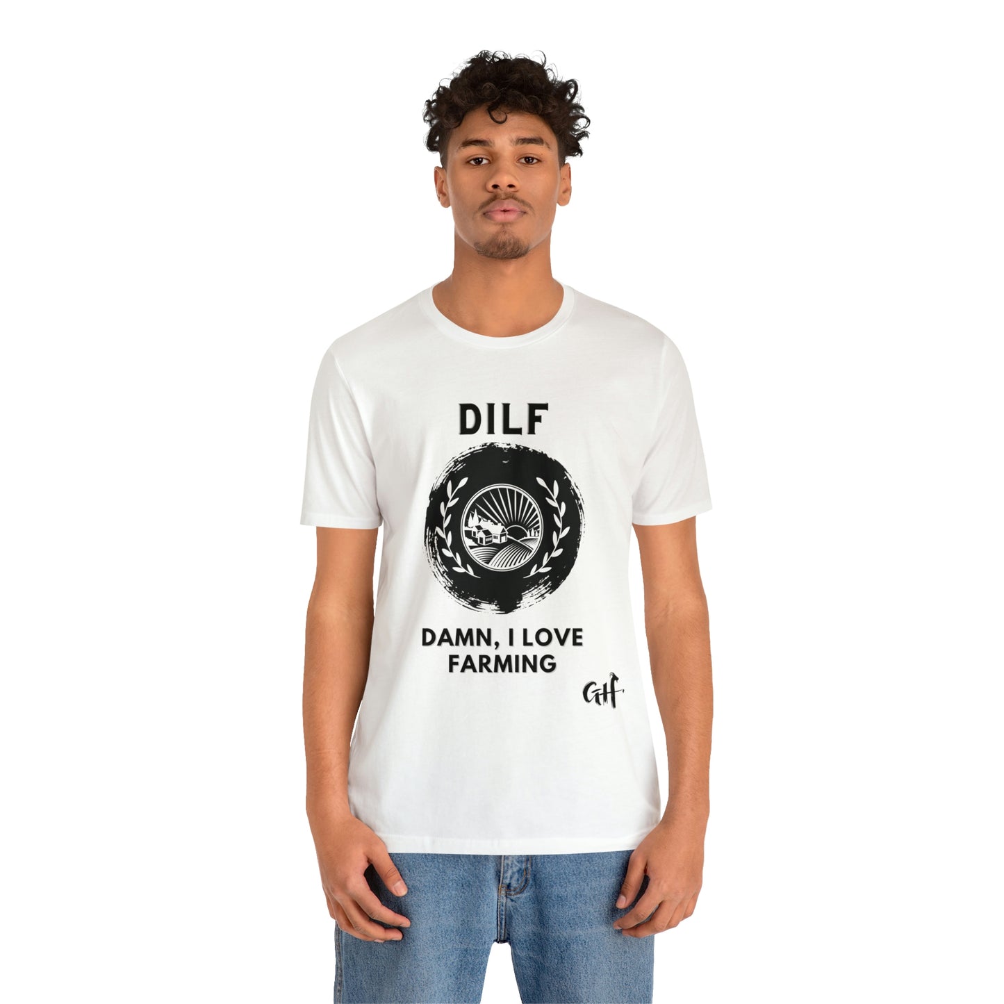 "DILF Farming" One Sided Unisex Jersey Short Sleeve Tee - Printed on Front