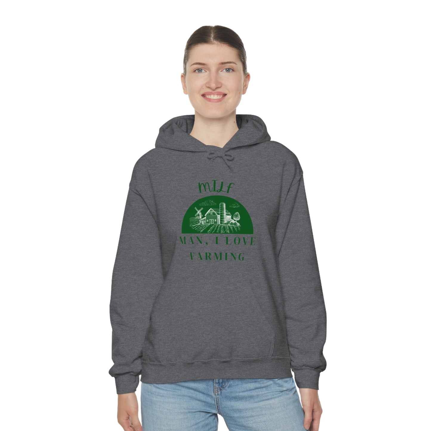 MILF Man, I Love Farming Unisex Heavy Blend™ Hooded Sweatshirt (Printed on front)