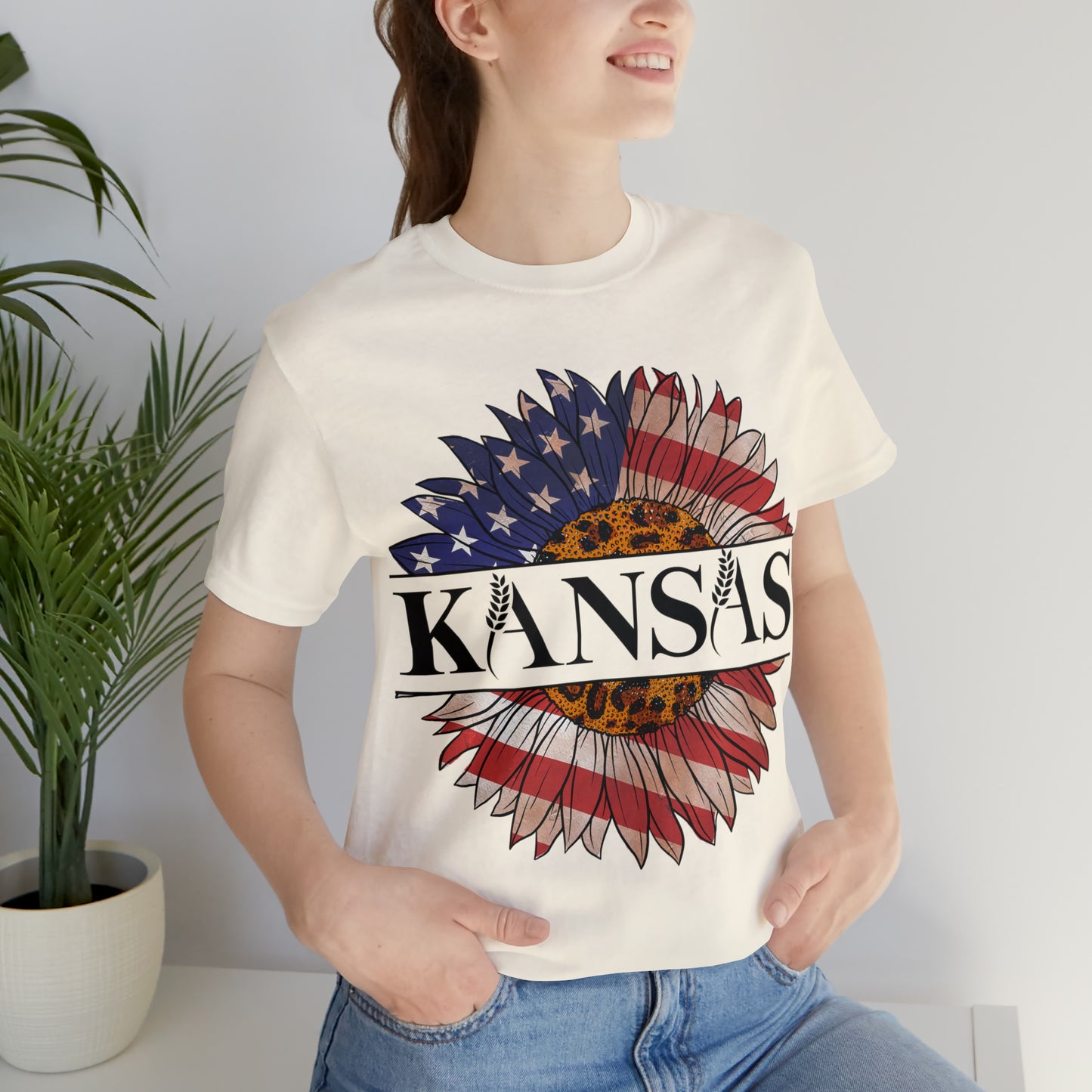 Kansas Sunflower American Colors One Sided Unisex Jersey Short Sleeve Tee (Printed on front)