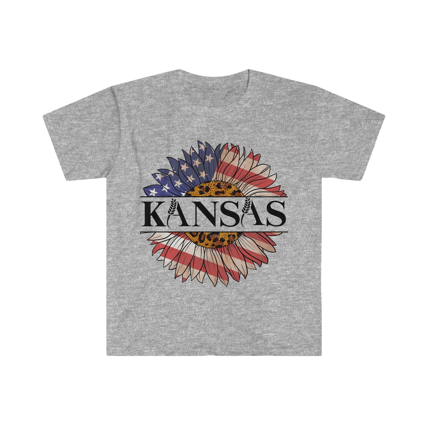 Kansas Sunflower American Flag One Sided Unisex Softstyle T-Shirt (Printed on front)