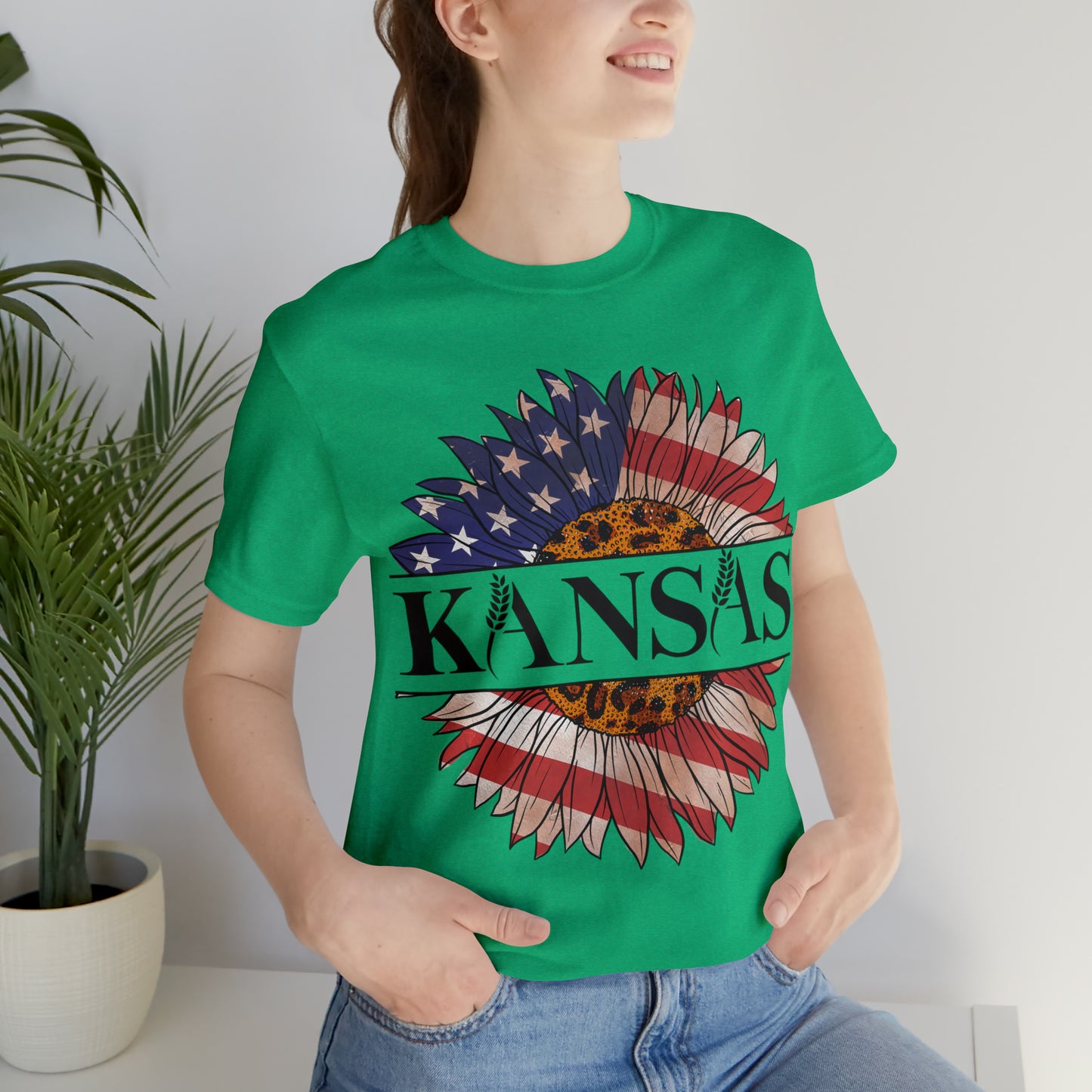 Kansas Sunflower American Colors One Sided Unisex Jersey Short Sleeve Tee (Printed on front)