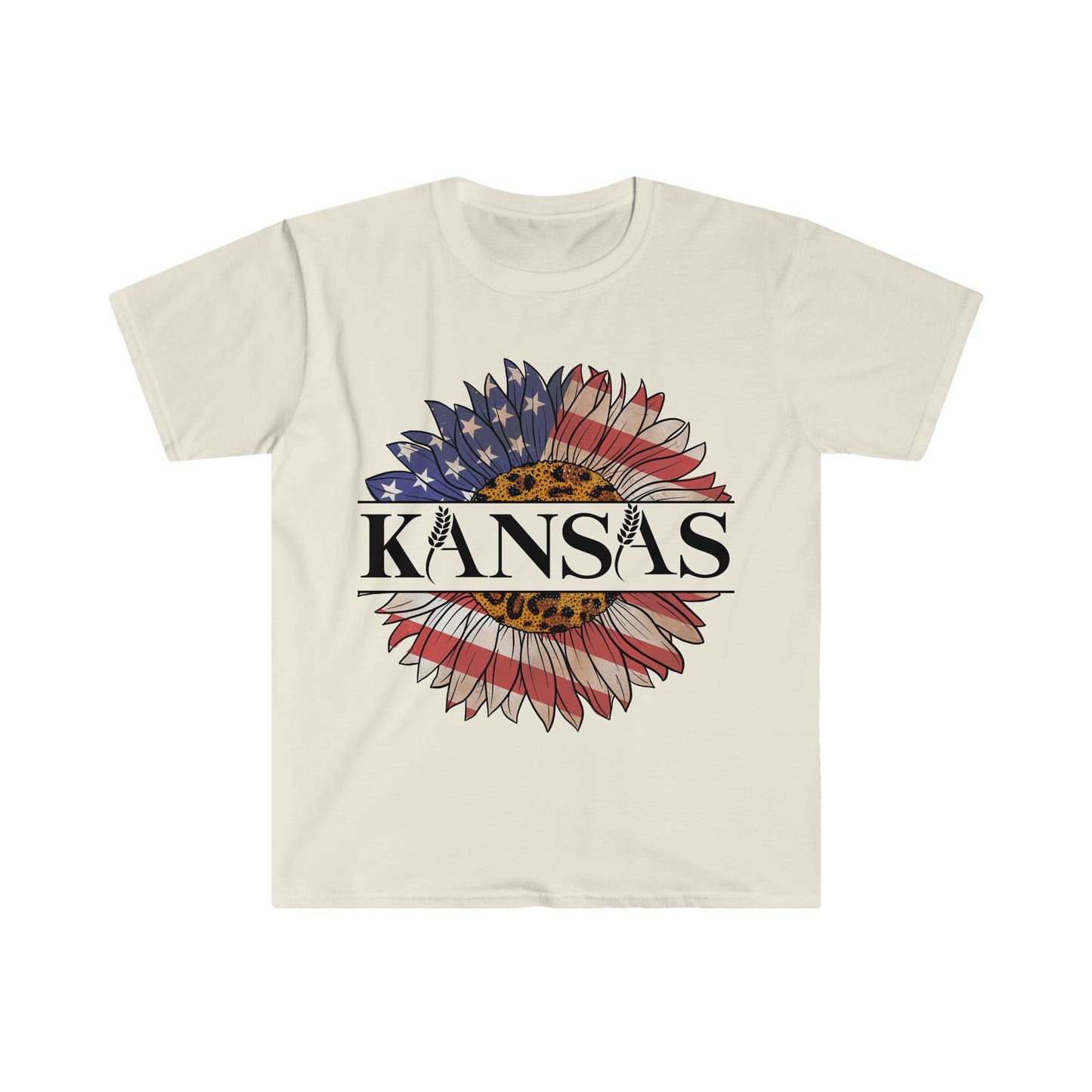 Kansas Sunflower American Flag One Sided Unisex Softstyle T-Shirt (Printed on front)