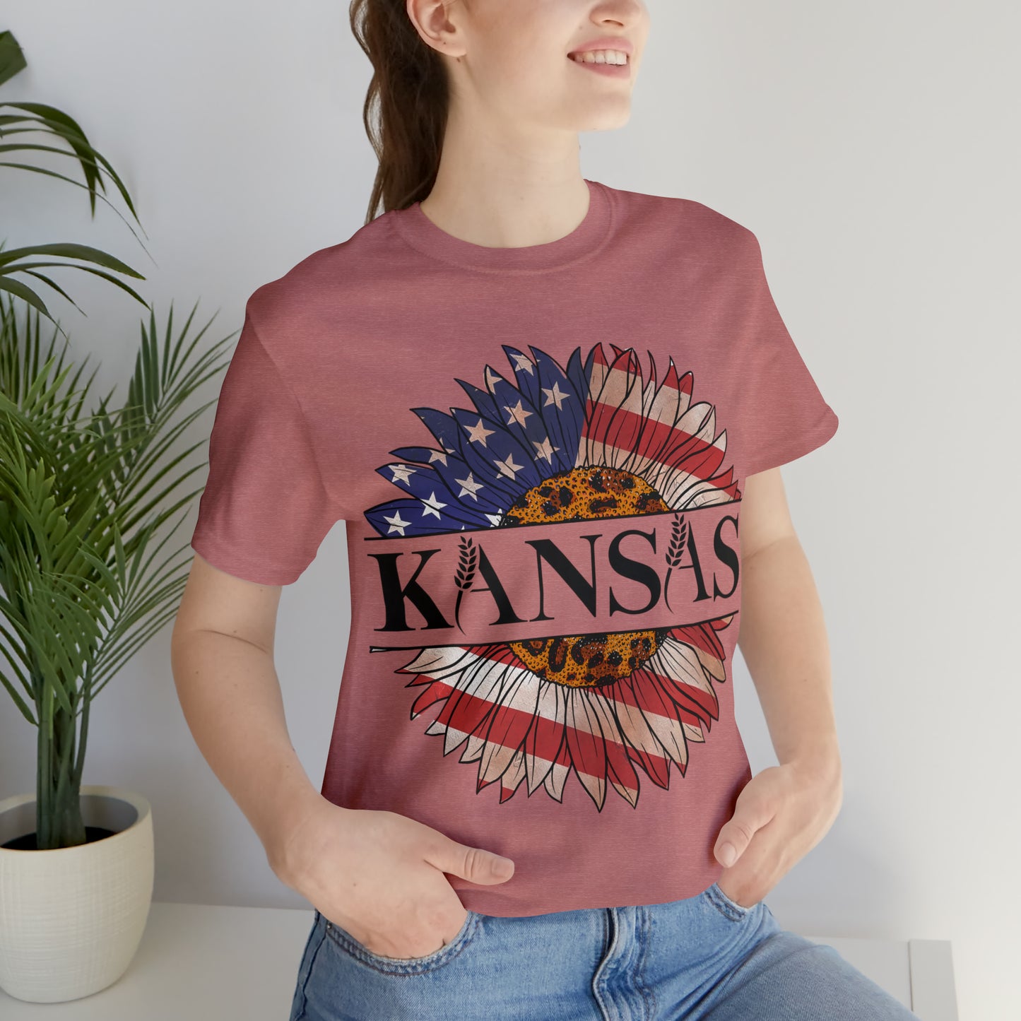 Kansas Sunflower American Colors One Sided Unisex Jersey Short Sleeve Tee (Printed on front)