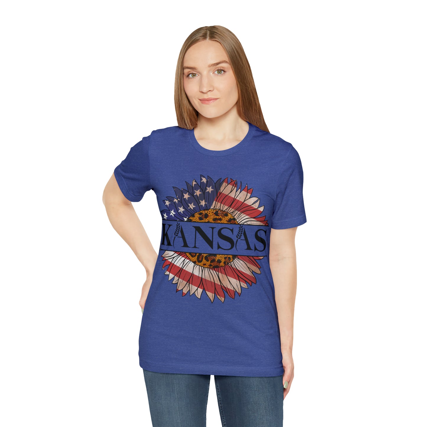 Kansas Sunflower American Colors One Sided Unisex Jersey Short Sleeve Tee (Printed on front)