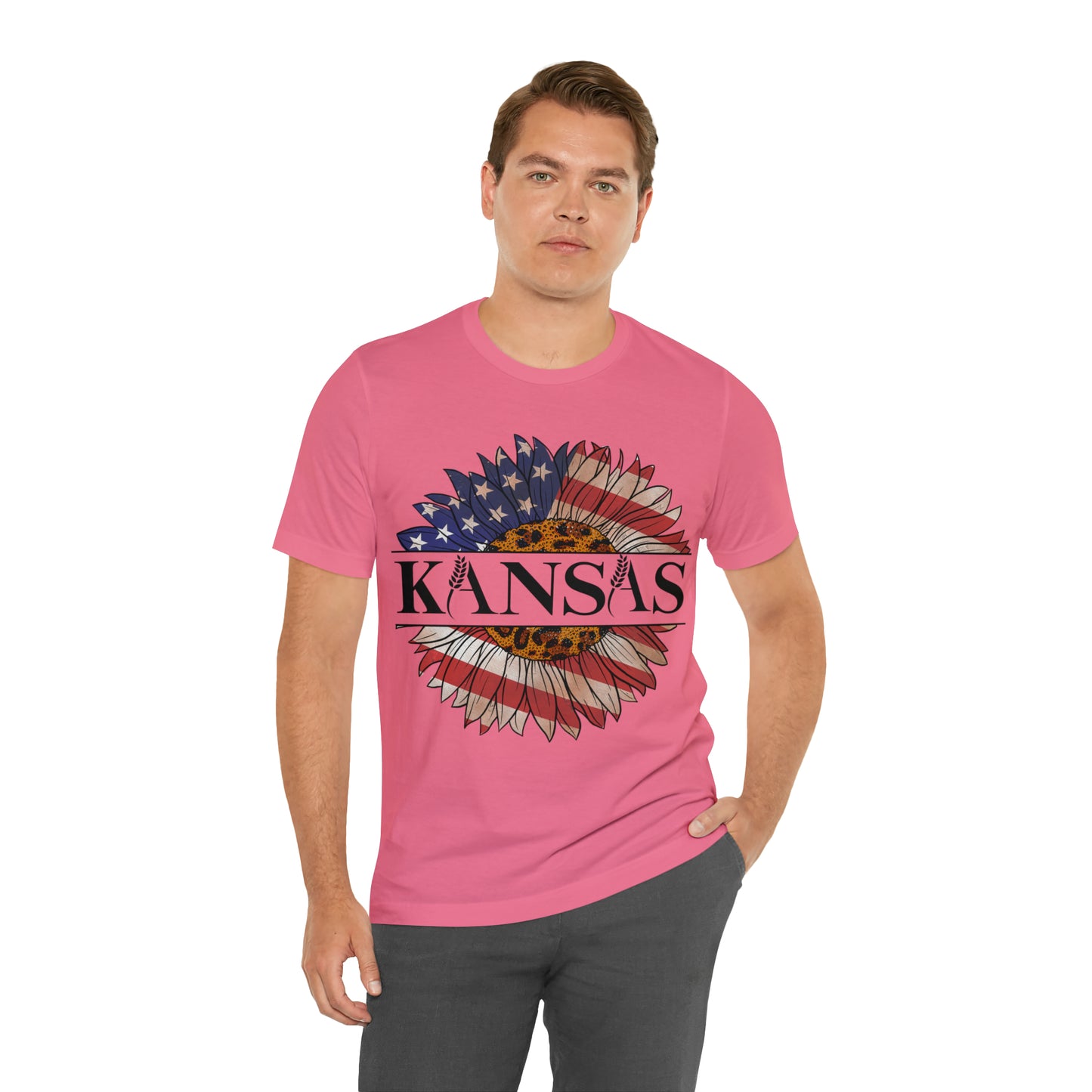 Kansas Sunflower American Colors One Sided Unisex Jersey Short Sleeve Tee (Printed on front)