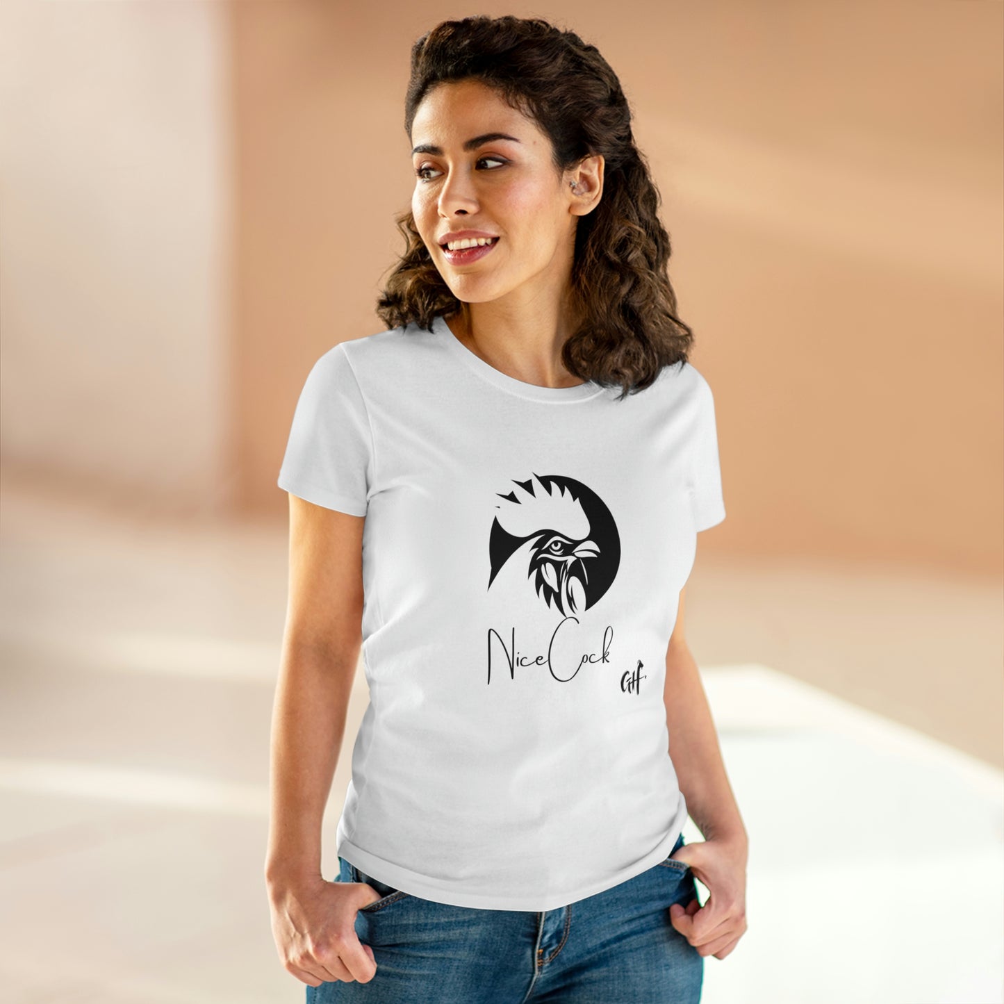 "Nice Cock" Rooster One Sided Women's Midweight Cotton Tee - Printed on Front