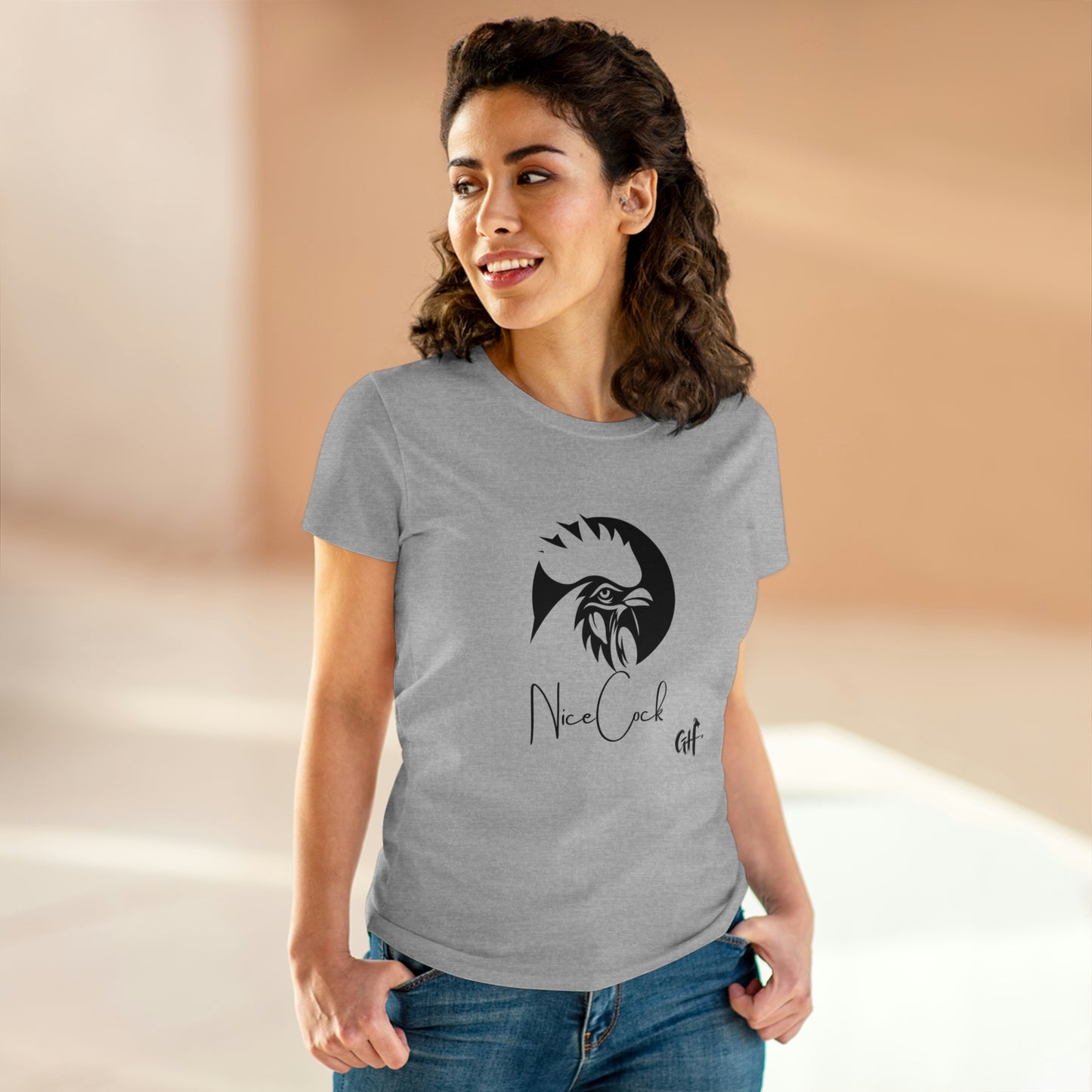 "Nice Cock" Rooster One Sided Women's Midweight Cotton Tee - Printed on Front