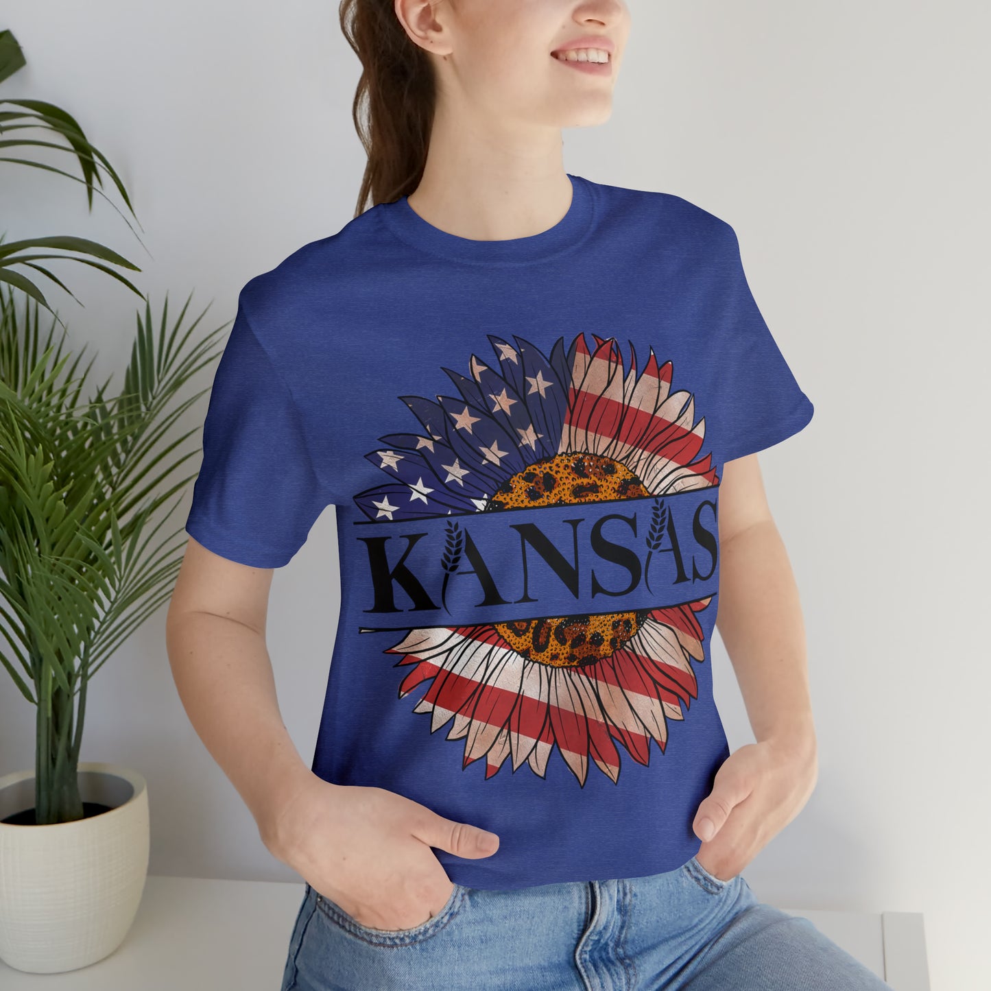 Kansas Sunflower American Colors One Sided Unisex Jersey Short Sleeve Tee (Printed on front)