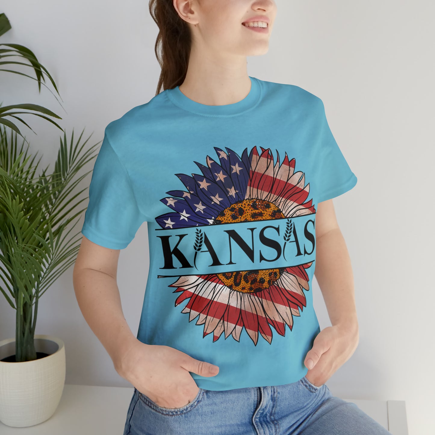 Kansas Sunflower American Colors One Sided Unisex Jersey Short Sleeve Tee (Printed on front)