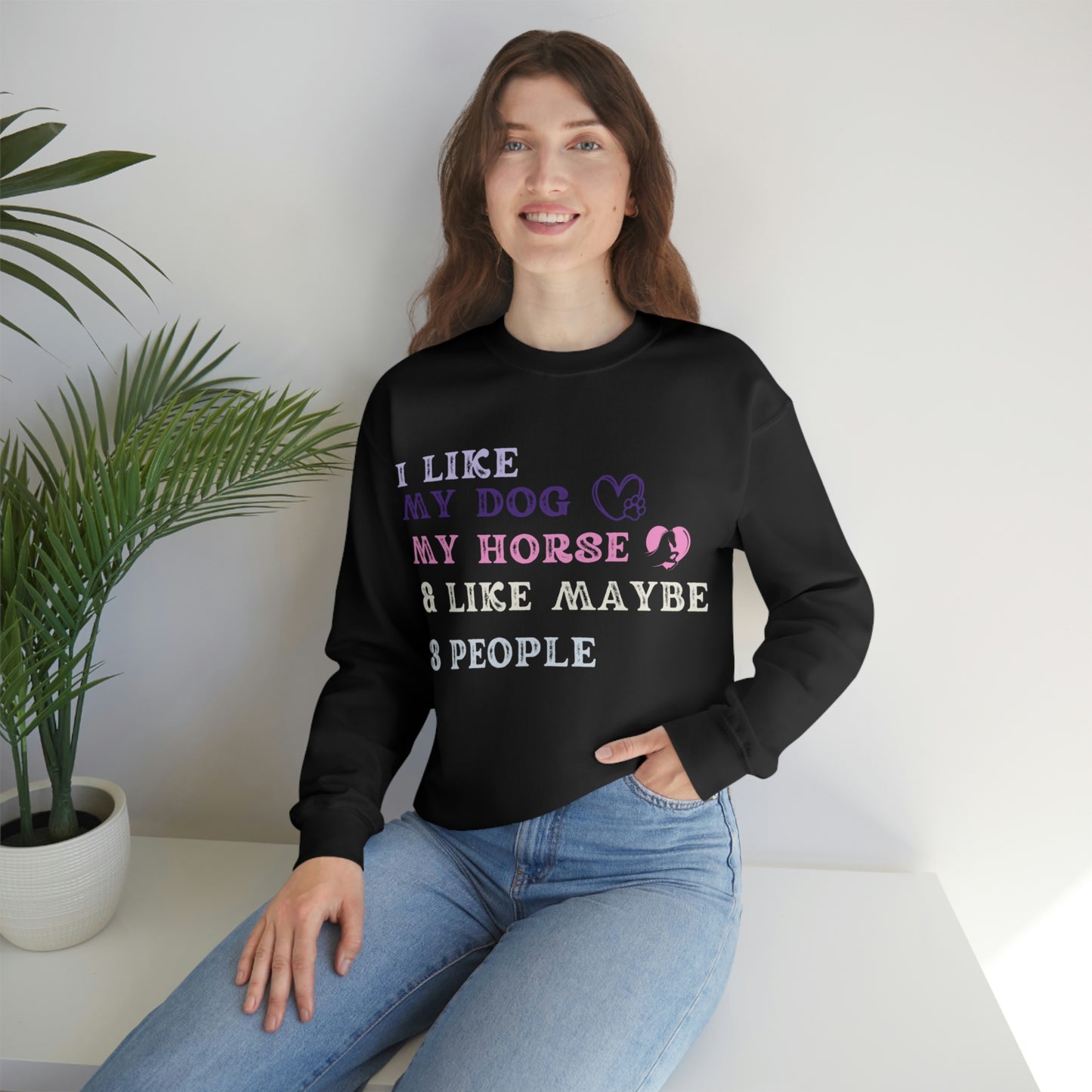 "Dog, Horse & 3 People" One Sided Unisex Heavy Blend™ Crewneck Sweatshirt (Printed on Front)