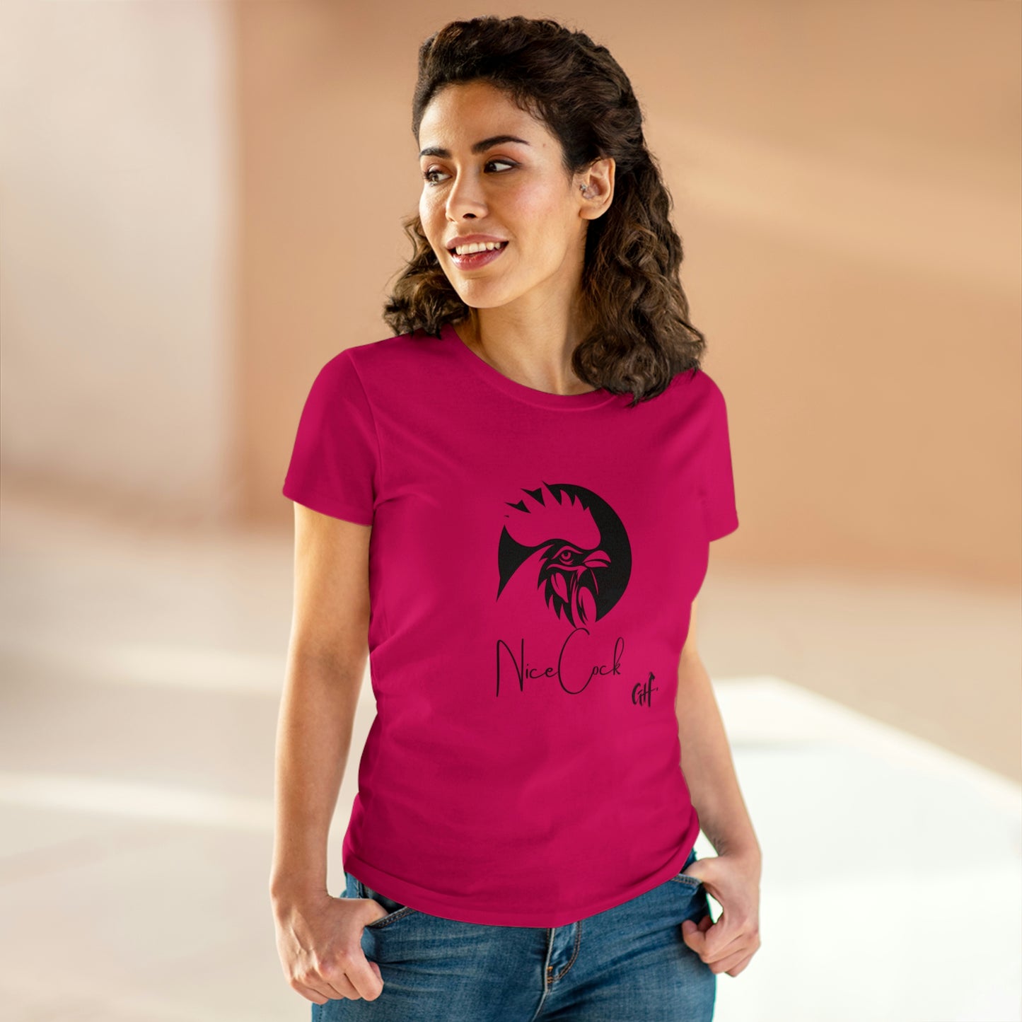 "Nice Cock" Rooster One Sided Women's Midweight Cotton Tee - Printed on Front