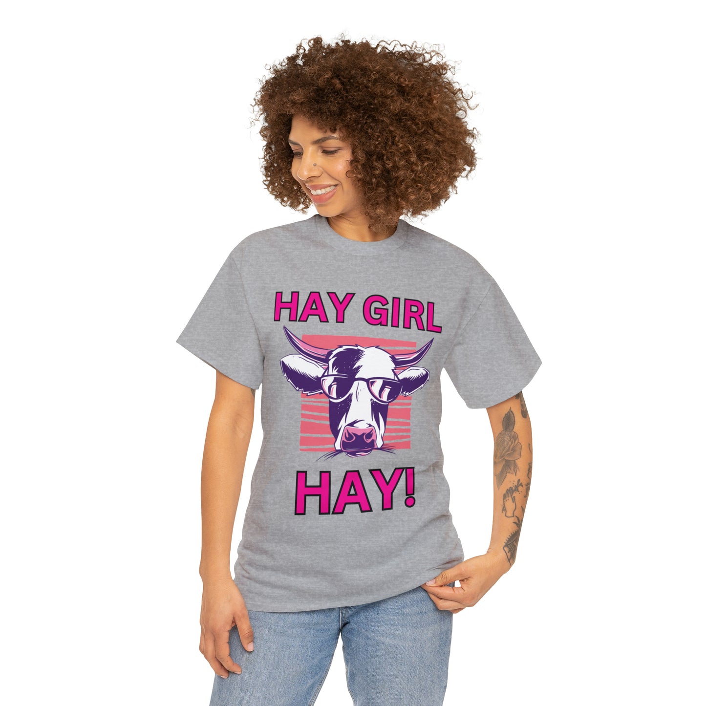 Hay Girl Hay Cow Gildan 5000 Unisex Heavy Cotton Tee (Printed on Front)