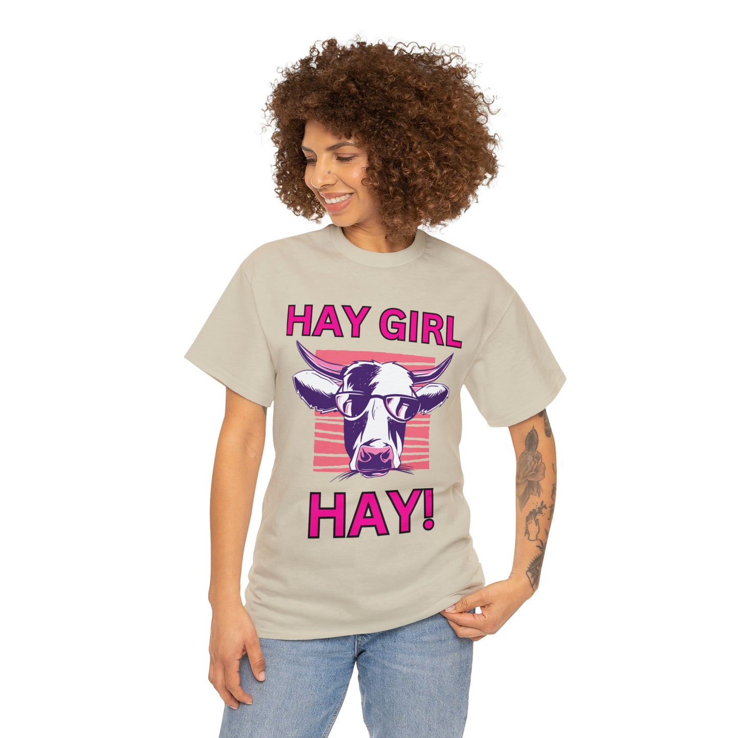 Hay Girl Hay Cow Gildan 5000 Unisex Heavy Cotton Tee (Printed on Front)