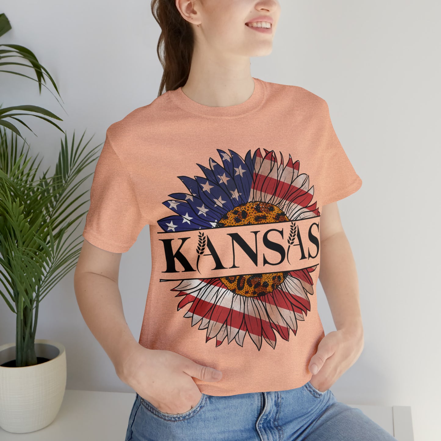 Kansas Sunflower American Colors One Sided Unisex Jersey Short Sleeve Tee (Printed on front)