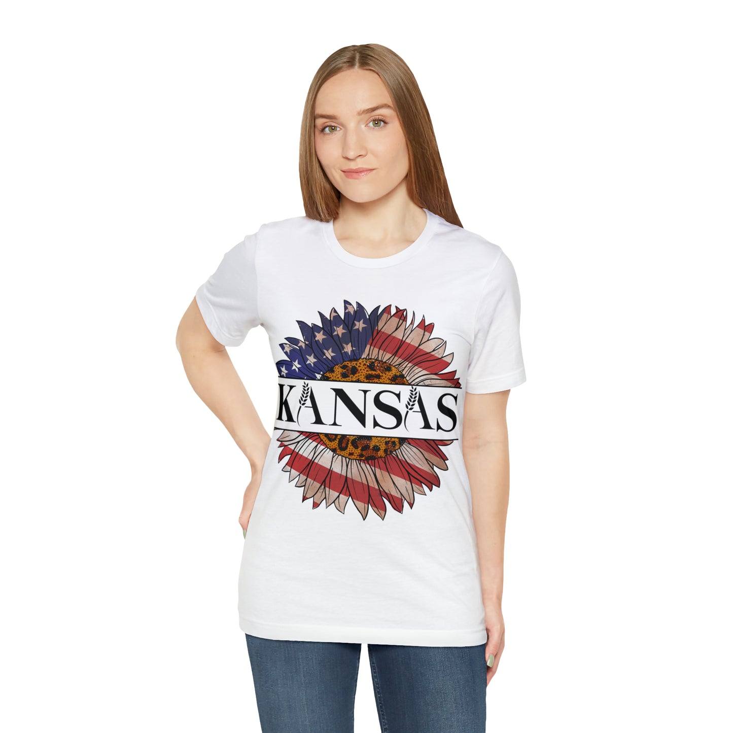 Kansas Sunflower American Colors One Sided Unisex Jersey Short Sleeve Tee (Printed on front)