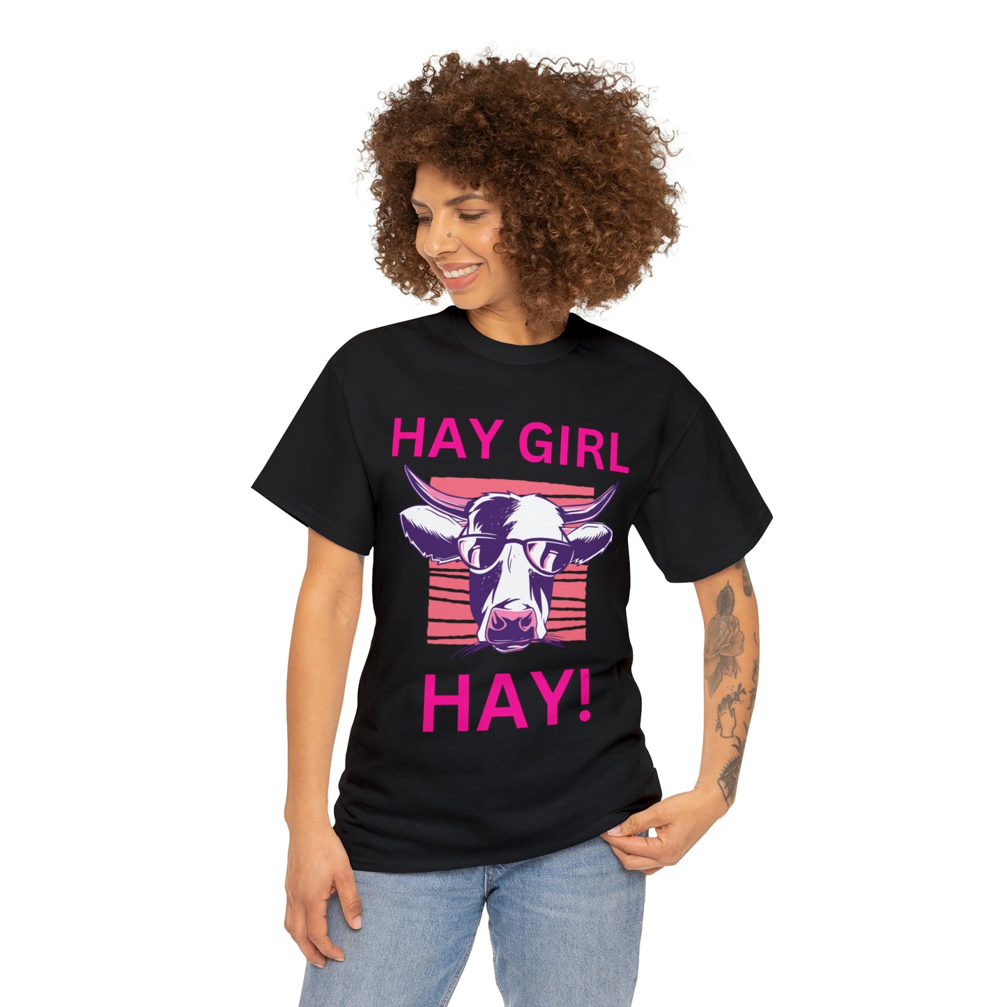 Hay Girl Hay Cow Gildan 5000 Unisex Heavy Cotton Tee (Printed on Front)