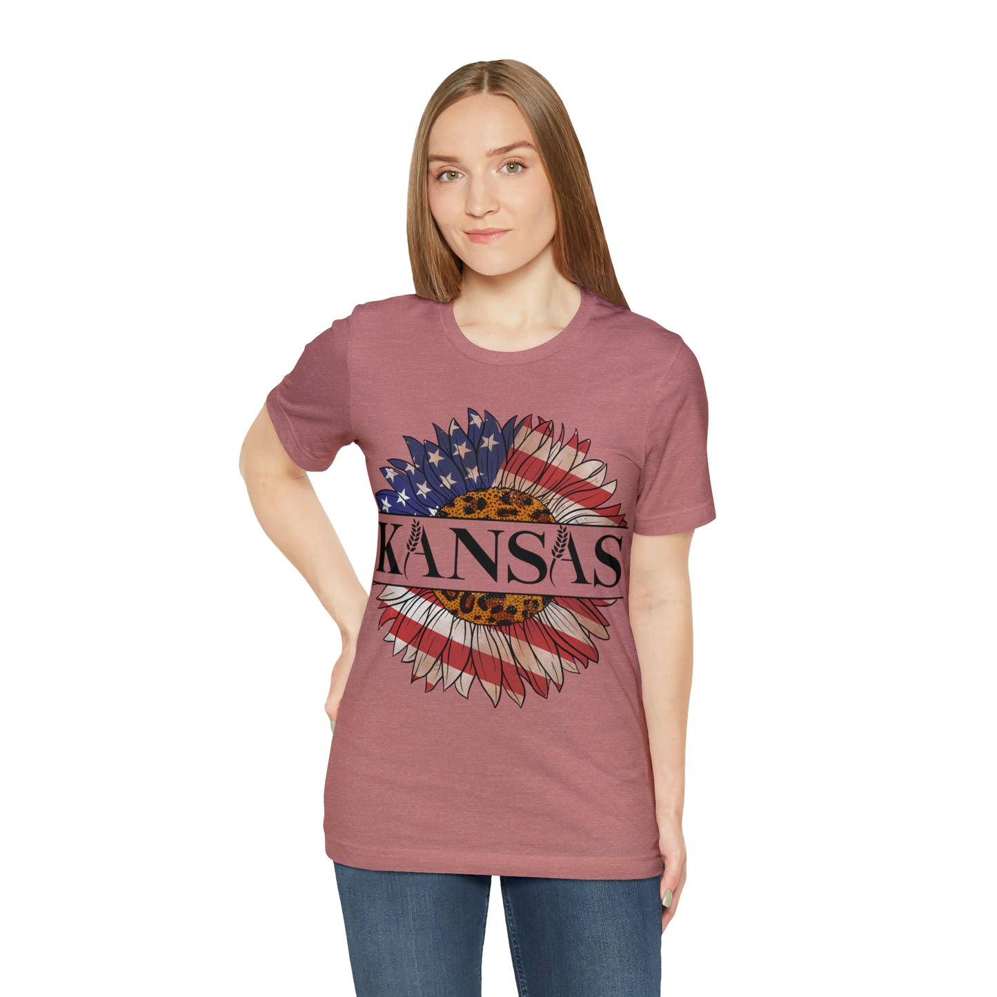 Kansas Sunflower American Colors One Sided Unisex Jersey Short Sleeve Tee (Printed on front)