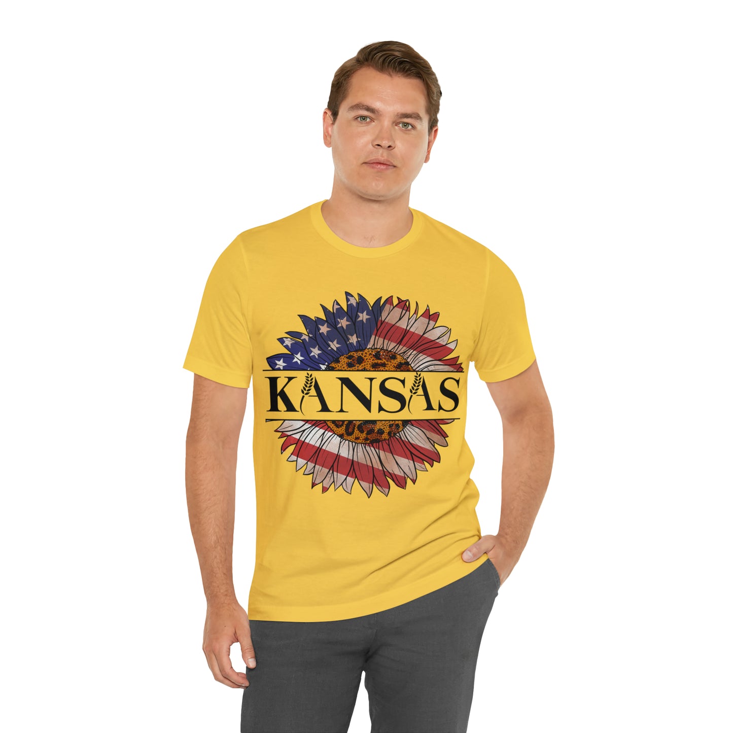 Kansas Sunflower American Colors One Sided Unisex Jersey Short Sleeve Tee (Printed on front)