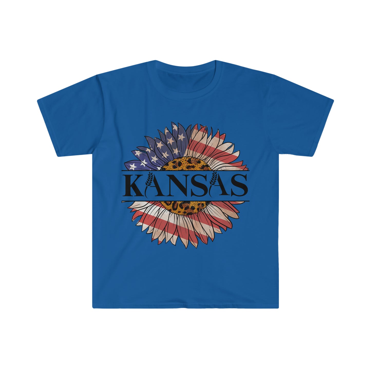 Kansas Sunflower American Flag One Sided Unisex Softstyle T-Shirt (Printed on front)