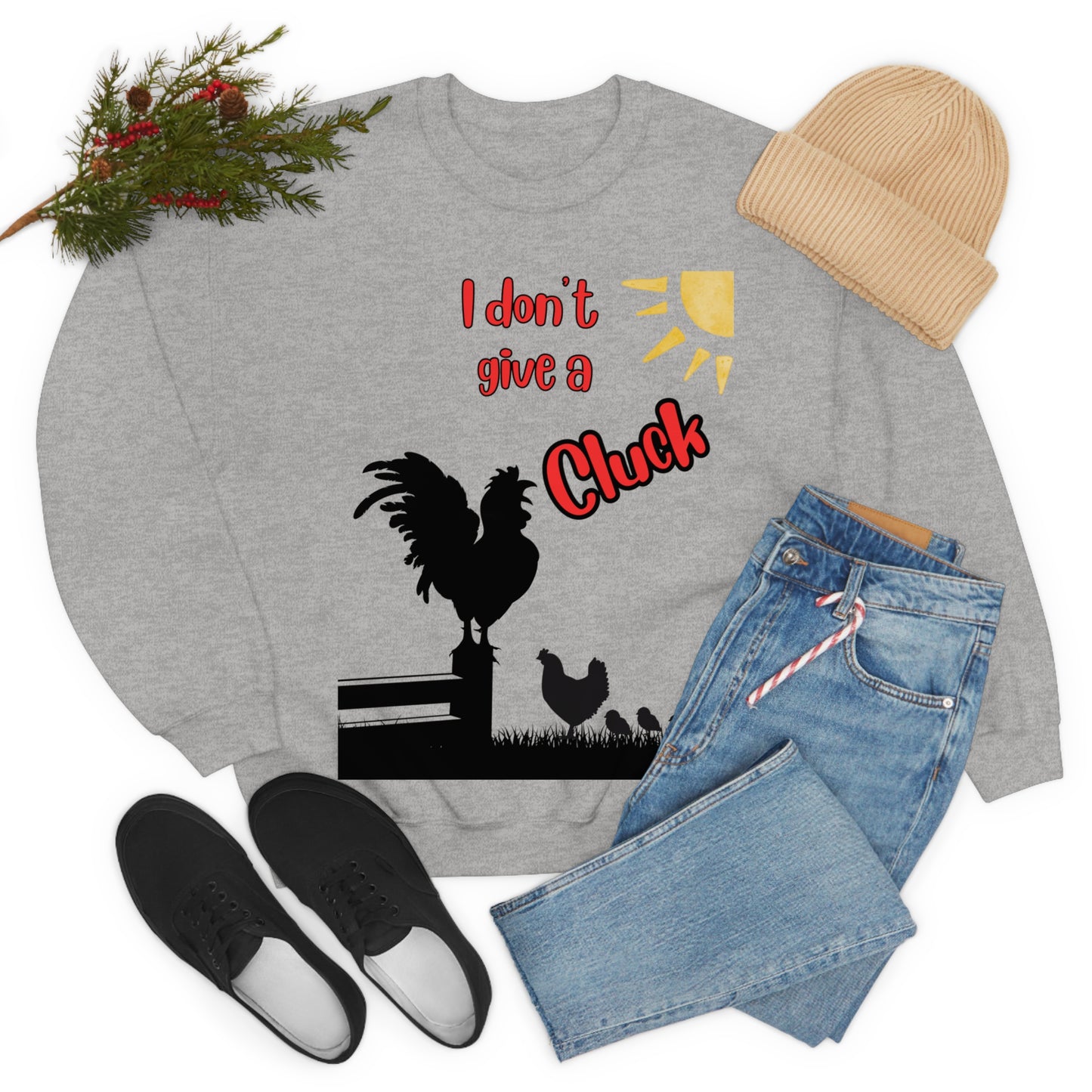 Funny Farming Sweatshirt One Sided Unisex Heavy Blend™ Crewneck Sweatshirt "I Don't Give a Cluck" Chicken (Printed on Front)