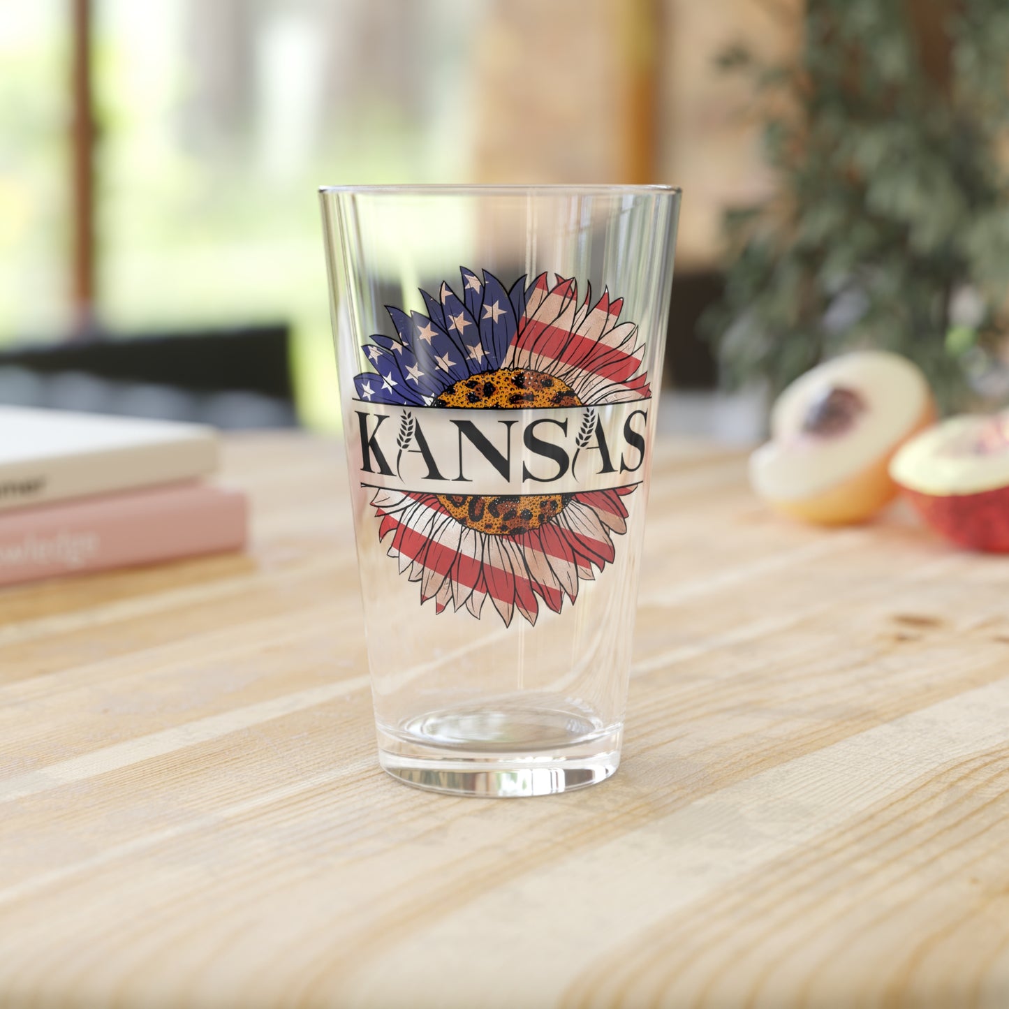 Kansas American Flag Colored Sunflower Pint Glass, 16oz