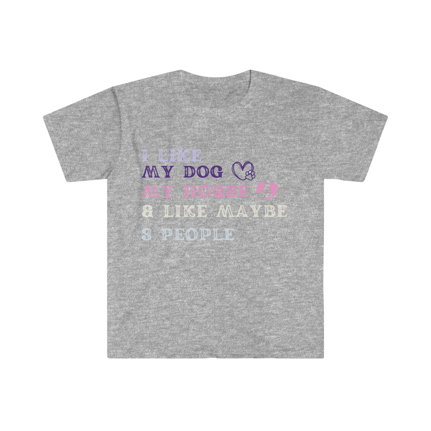 "Dog, Horse, 3 People" One Sided Unisex Softstyle T-Shirt (Printed on Front)