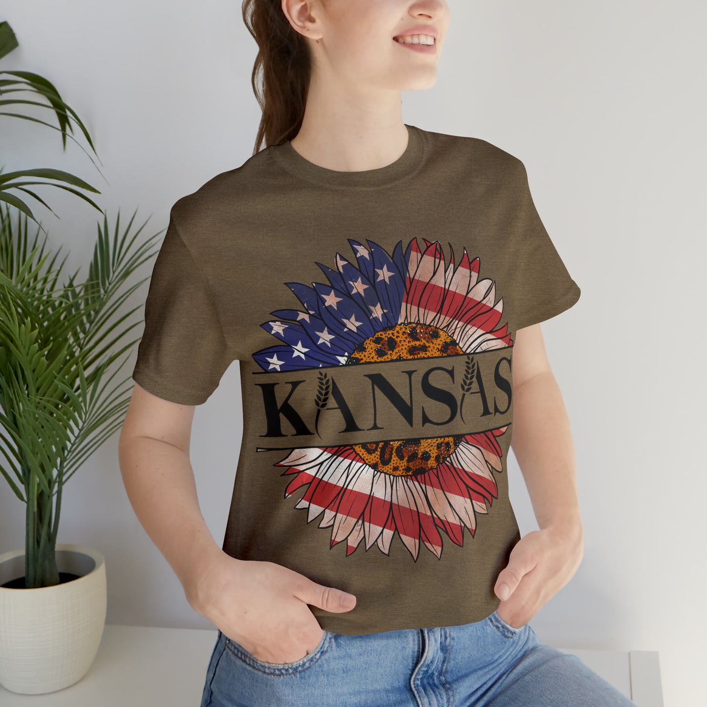 Kansas Sunflower American Colors One Sided Unisex Jersey Short Sleeve Tee (Printed on front)