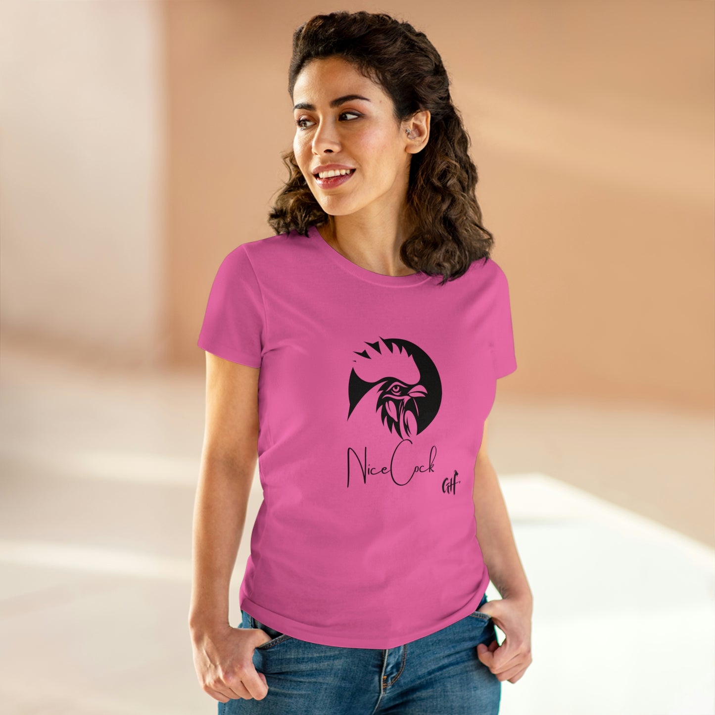 "Nice Cock" Rooster One Sided Women's Midweight Cotton Tee - Printed on Front