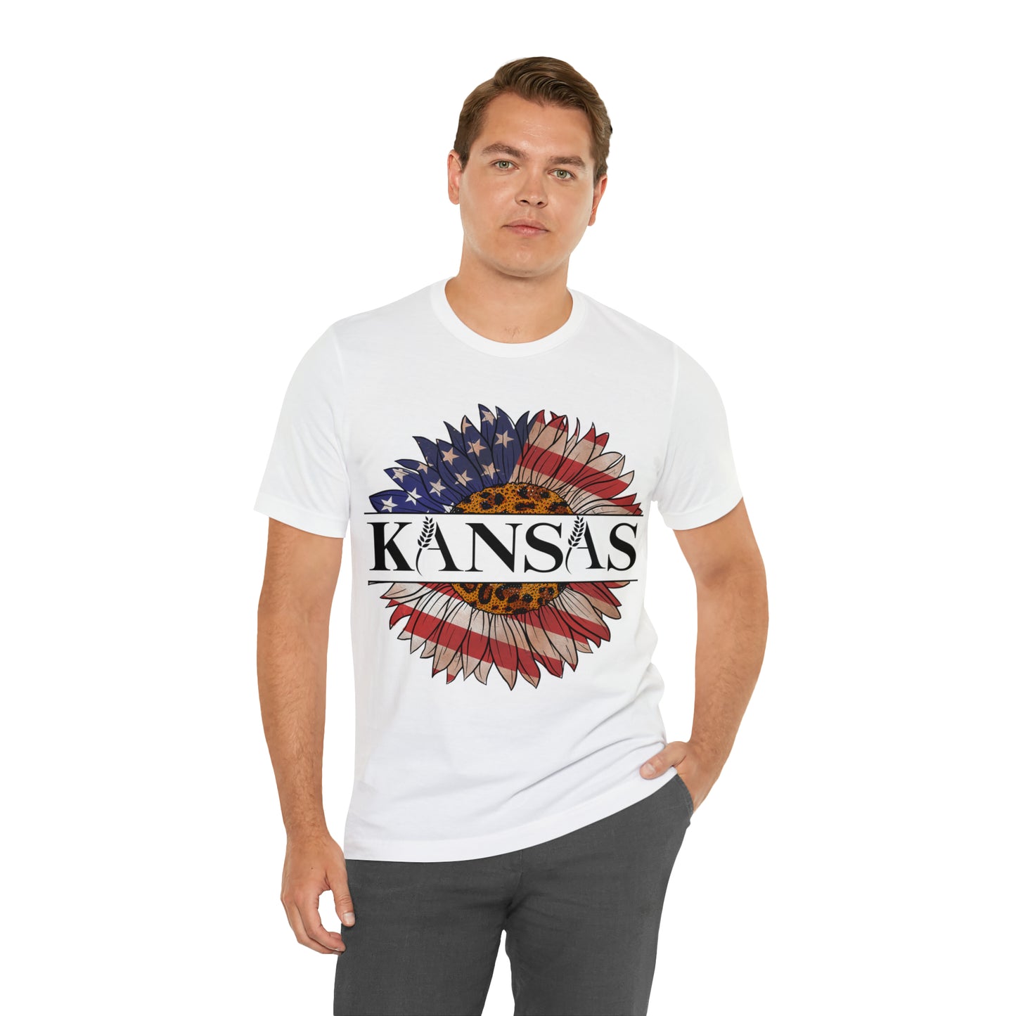 Kansas Sunflower American Colors One Sided Unisex Jersey Short Sleeve Tee (Printed on front)