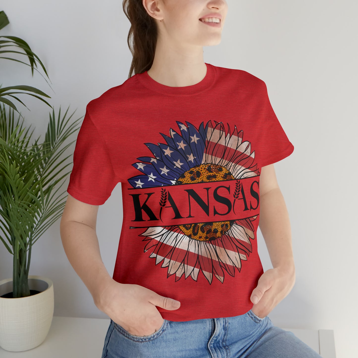 Kansas Sunflower American Colors One Sided Unisex Jersey Short Sleeve Tee (Printed on front)