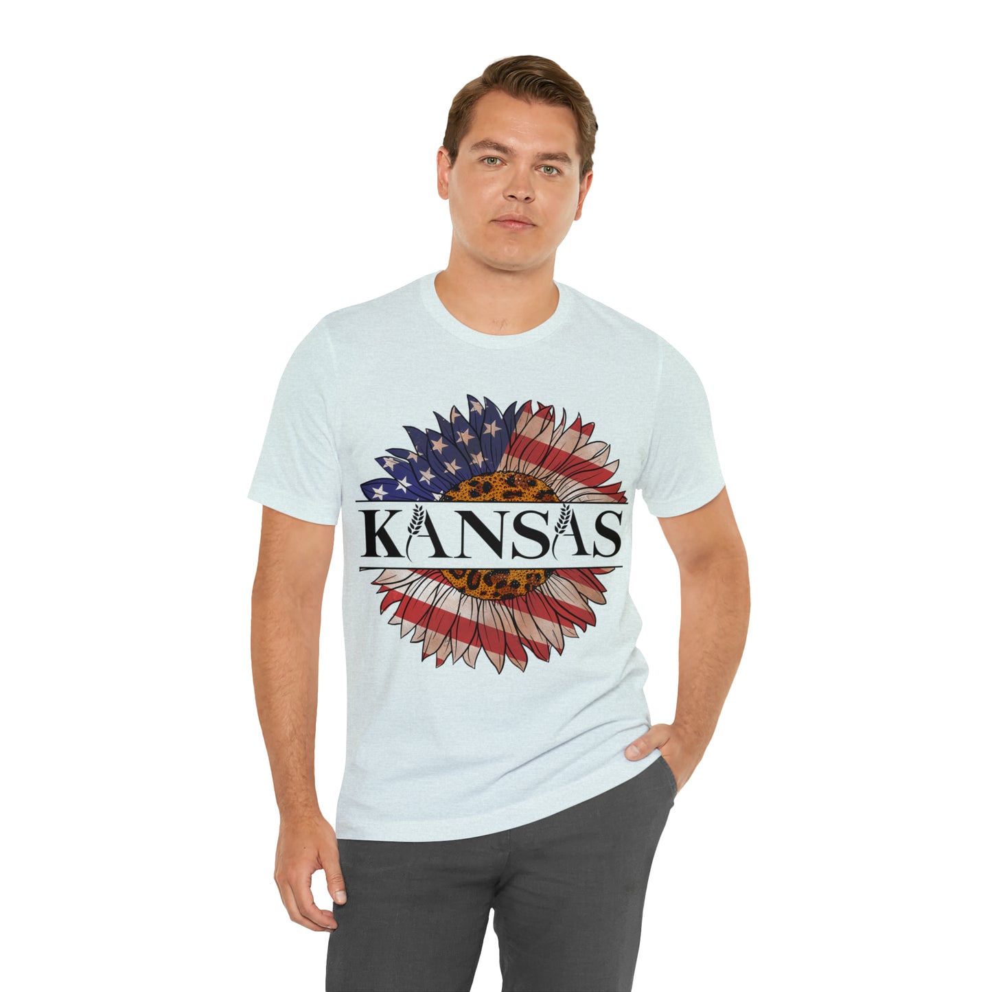 Kansas Sunflower American Colors One Sided Unisex Jersey Short Sleeve Tee (Printed on front)