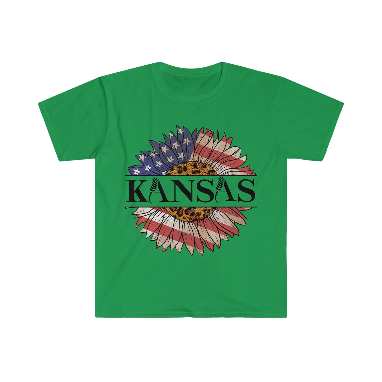 Kansas Sunflower American Flag One Sided Unisex Softstyle T-Shirt (Printed on front)