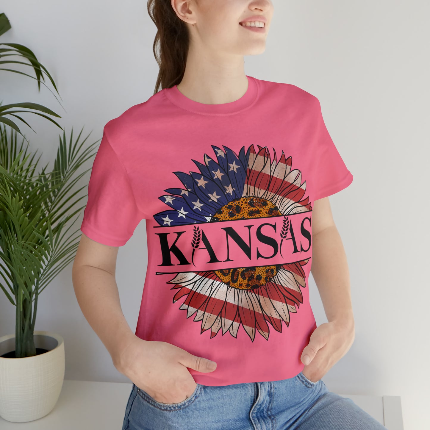 Kansas Sunflower American Colors One Sided Unisex Jersey Short Sleeve Tee (Printed on front)