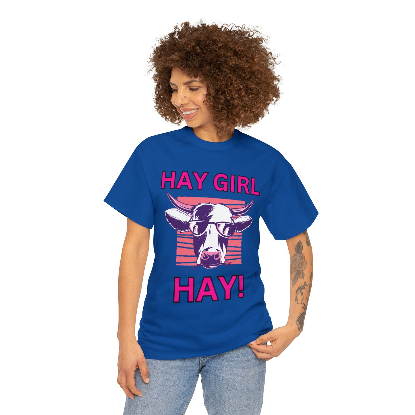 Hay Girl Hay Cow Gildan 5000 Unisex Heavy Cotton Tee (Printed on Front)