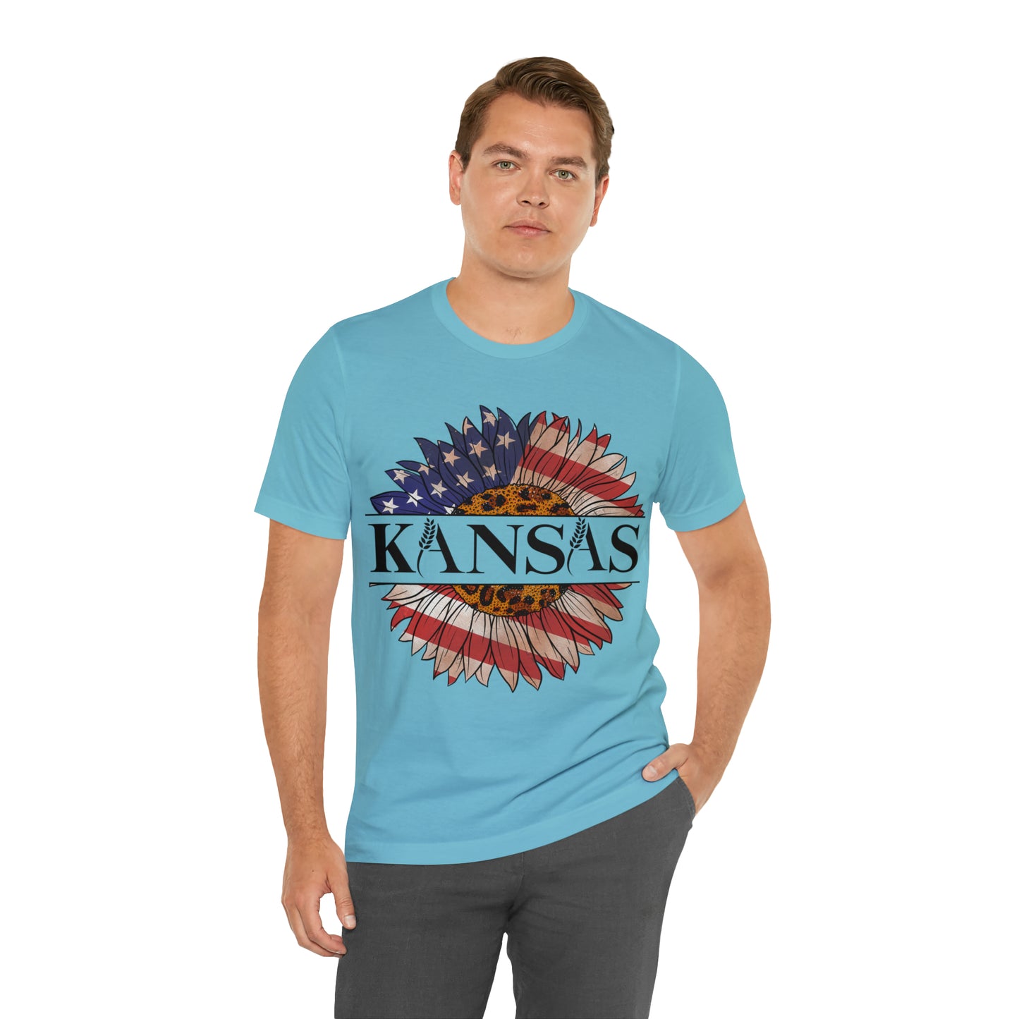 Kansas Sunflower American Colors One Sided Unisex Jersey Short Sleeve Tee (Printed on front)