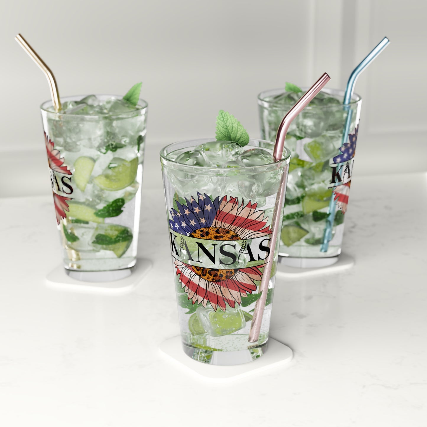 Kansas American Flag Colored Sunflower Pint Glass, 16oz